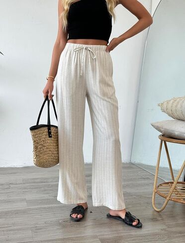 heipeiwa Women's Linen Pants Striped Summer Boho Straight Wide Leg Beach Lounge Casual Trousers in Saudi Arabia
