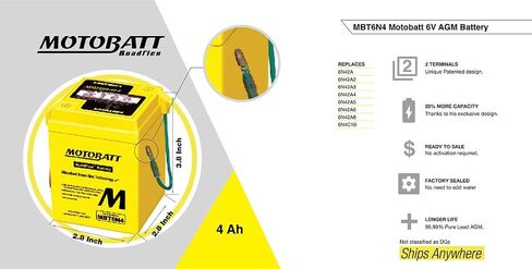 MotoBatt MBT6N4 (6V 4 Amp) Factory Activated Maintenance Free QuadFlex AGM Battery Replaces - 6N42A, 6N42A3, 6N42A4, 6N42A5, 6N42A6, 6N42A8 in Saudi Arabia