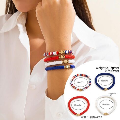 4th of July Summer Beach Heishi Surfer Bracelets Set for Women America Patriotic Flag Clay Beaded Stretch Bracelet Red White Blue Star Stackable Charm Bangle Independence Day Gifts in Saudi Arabia