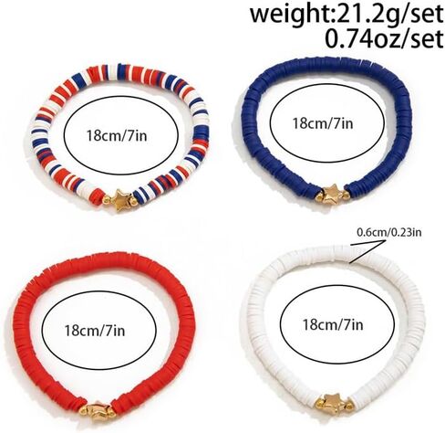 4th of July Summer Beach Heishi Surfer Bracelets Set for Women America Patriotic Flag Clay Beaded Stretch Bracelet Red White Blue Star Stackable Charm Bangle Independence Day Gifts in Saudi Arabia