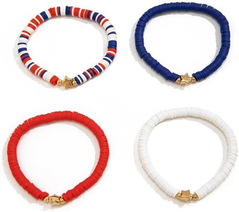 4th of July Summer Beach Heishi Surfer Bracelets Set for Women America Patriotic Flag Clay Beaded Stretch Bracelet Red White Blue Star Stackable Charm Bangle Independence Day Gifts in Saudi Arabia