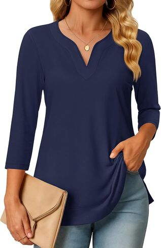 yucolen 3/4 قمم الأكمام للنساء Henley T Shirts v Neck Tunic Blouses غير الرسمية Tees S-XXL in Kuwait