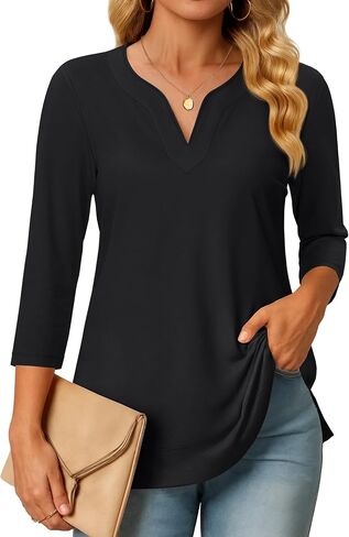 yucolen 3/4 قمم الأكمام للنساء Henley T Shirts v Neck Tunic Blouses غير الرسمية Tees S-XXL in Saudi Arabia
