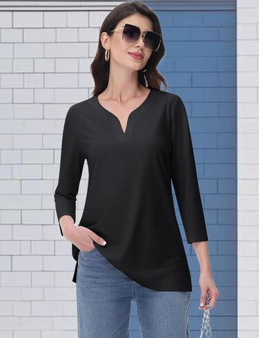 yucolen 3/4 قمم الأكمام للنساء Henley T Shirts v Neck Tunic Blouses غير الرسمية Tees S-XXL in Saudi Arabia