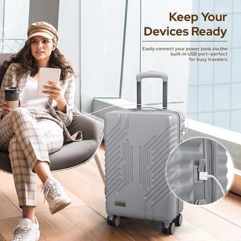 alpha pak Carry On Luggage, Spinner Wheels Airline Approved 20 inch Lightweight Hard-shell Suitcase with Built-in TSA Lock and USB Port, Light gray in Saudi Arabia