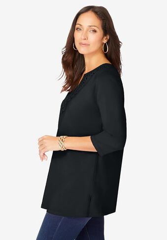 Jessica London Women's Plus Size Stretch Cotton Crochet Notch Neck Tunic in Saudi Arabia