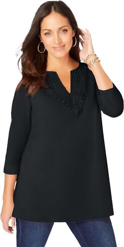 Jessica London Women's Plus Size Stretch Cotton Crochet Notch Neck Tunic in Saudi Arabia