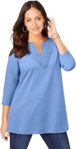 Jessica London Women's Plus Size Stretch Cotton Crochet Notch Neck Tunic in Saudi Arabia