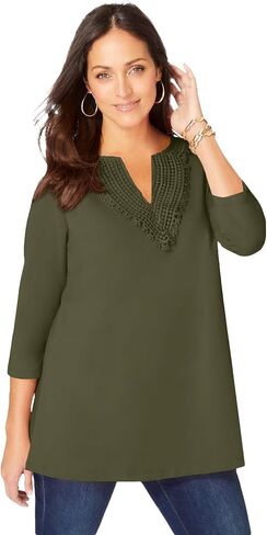 Jessica London Women's Plus Size Stretch Cotton Crochet Notch Neck Tunic in Saudi Arabia