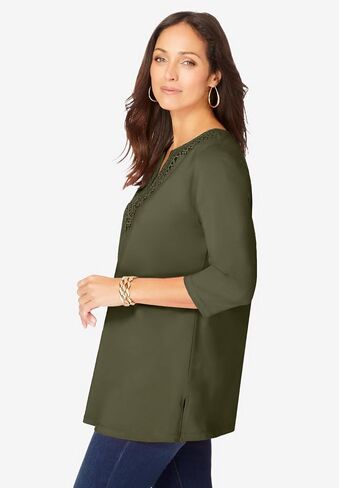 Jessica London Women's Plus Size Stretch Cotton Crochet Notch Neck Tunic in Saudi Arabia
