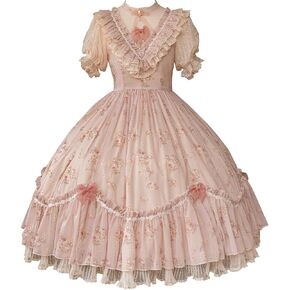 Women's Vintage Floral-Print Victorian Lolita Dress Edwardian-Collar Short Puff Sleeve in Saudi Arabia