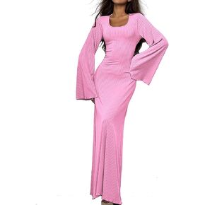 النساء مضيئة الأكمام ماكسي فستان مثير مربع رقبة طويلة الأكمام متماسكة مضلع فساتين الجسم in Kuwait