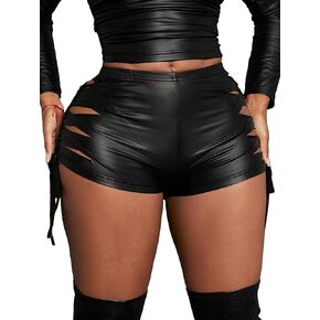 OYOANGLE Women's Pu Leather High Waisted Cut Out Skinny Stretch Biker Yoga Party Shorts in Saudi Arabia
