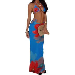 Women's 3 Piece Floral Cheeky Bikini Sets Halter String Swimsuit with Mesh Beach Cover Up Skirt in Saudi Arabia