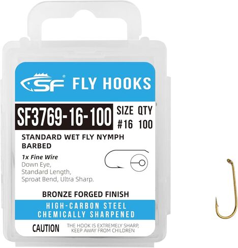 SF #16 Standard Dry Fly Fishing Hooks Ultra Sharp Micro Barbed Wide Gape Bronze Forged for Dry Flies with Mini Storage Box 100Pcs in Kuwait