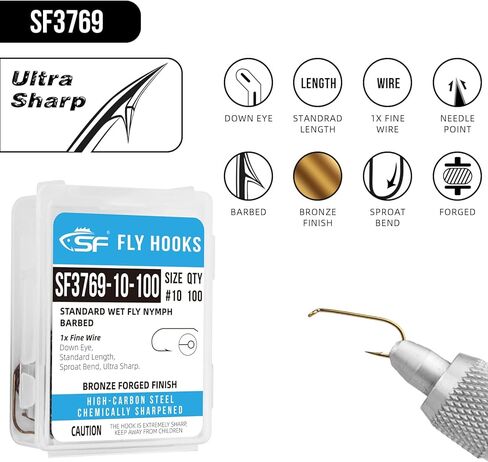 SF #16 Standard Dry Fly Fishing Hooks Ultra Sharp Micro Barbed Wide Gape Bronze Forged for Dry Flies with Mini Storage Box 100Pcs in Kuwait
