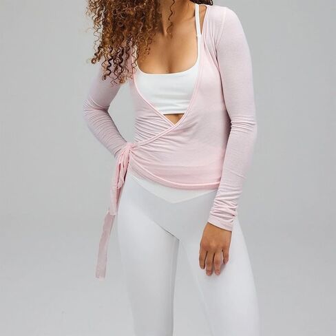 Womens Y2k Sheer Long Sleeve Ballet Wrap Top Deep V Neck Coquette Workout Yoga Coverup Blouse Shirt in Saudi Arabia