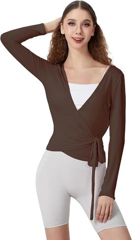 Womens Y2k Sheer Long Sleeve Ballet Wrap Top Deep V Neck Coquette Workout Yoga Coverup Blouse Shirt in Saudi Arabia