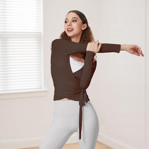 Womens Y2k Sheer Long Sleeve Ballet Wrap Top Deep V Neck Coquette Workout Yoga Coverup Blouse Shirt in Saudi Arabia