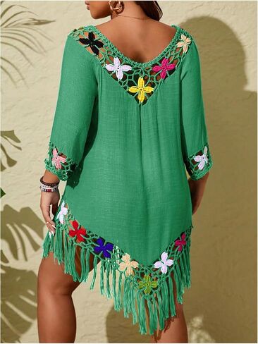 Verdusa Women's Plus Size Boho Hollow Out Floral Fringe Beach Cover Up Dress 3/4 Sleve Tunic Dress in Saudi Arabia