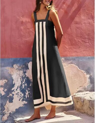 Women's Boho Beach Cover Up Dress Long Striped Maxi Dress with Shoulder Straps Summer Coverup 2025 in Saudi Arabia