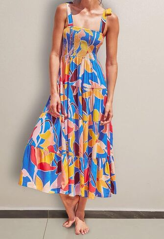 Gothden Summer Boho Midi Dress for Women's Square Neck Ruffle Tiered Flowy Smocked Sundress in Kuwait