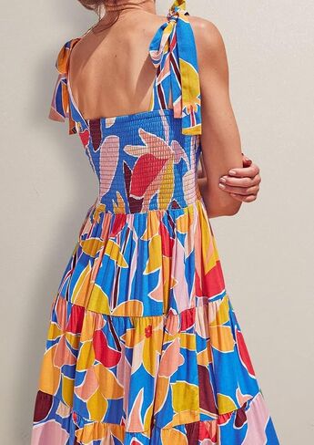Gothden Summer Boho Midi Dress for Women's Square Neck Ruffle Tiered Flowy Smocked Sundress in Kuwait