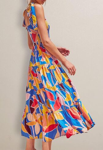 Gothden Summer Boho Midi Dress for Women's Square Neck Ruffle Tiered Flowy Smocked Sundress in Kuwait