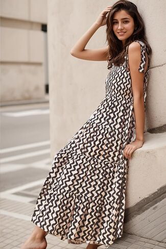 Gothden Summer Boho Midi Dress for Women's Square Neck Ruffle Tiered Flowy Smocked Sundress in Kuwait