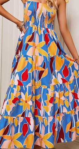 Gothden Summer Boho Midi Dress for Women's Square Neck Ruffle Tiered Flowy Smocked Sundress in Kuwait