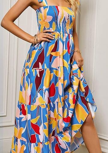 Gothden Summer Boho Midi Dress for Women's Square Neck Ruffle Tiered Flowy Smocked Sundress in Kuwait