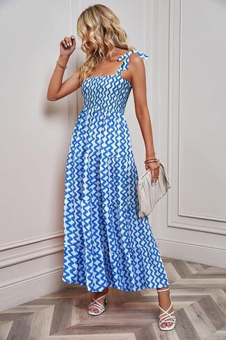 Gothden Summer Boho Midi Dress for Women's Square Neck Ruffle Tiered Flowy Smocked Sundress in Kuwait