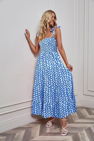 Gothden Summer Boho Midi Dress for Women's Square Neck Ruffle Tiered Flowy Smocked Sundress in Kuwait