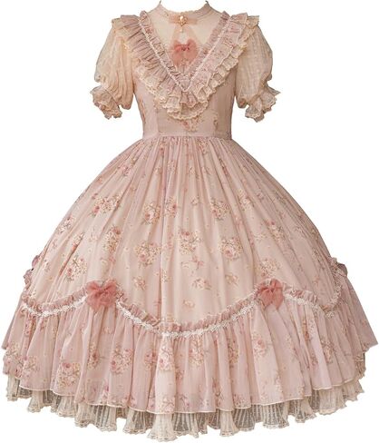 Women's Vintage Floral-Print Victorian Lolita Dress Edwardian-Collar Short Puff Sleeve in Saudi Arabia