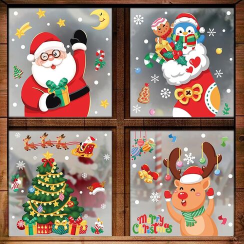 194 Pcs Christmas Window Clings, 6 Sheets Colorful Xmas Double-Sided Static Stickers for Home School Office Christmas Party, Christmas Tree Garland Reindeer for Party Decoration in Saudi Arabia