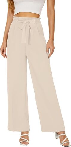 LaiyiVic Women's Wide Leg Dress Pants High Waisted Adjustable Tie Knot Loose Comfy Business Casual Work Trousers with Pockets in Kuwait