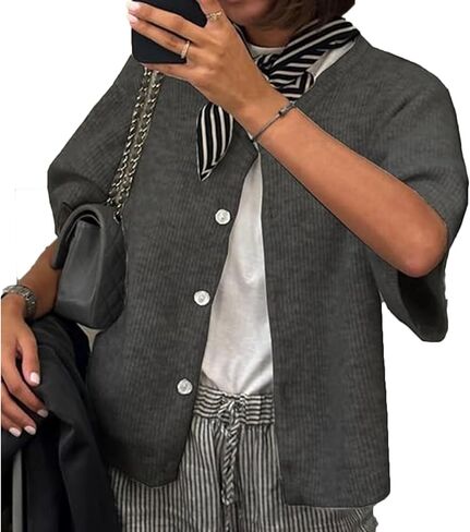 زر Ruewey Women's Button Down Cardigan Short Sleeve Crew Neck Sweater مريح يخرج من قمم متماسكة in Saudi Arabia