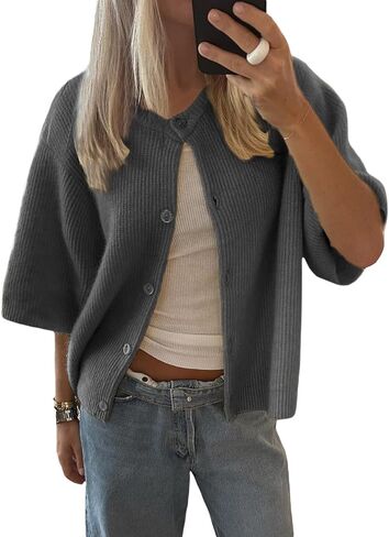 زر Ruewey Women's Button Down Cardigan Short Sleeve Crew Neck Sweater مريح يخرج من قمم متماسكة in Saudi Arabia
