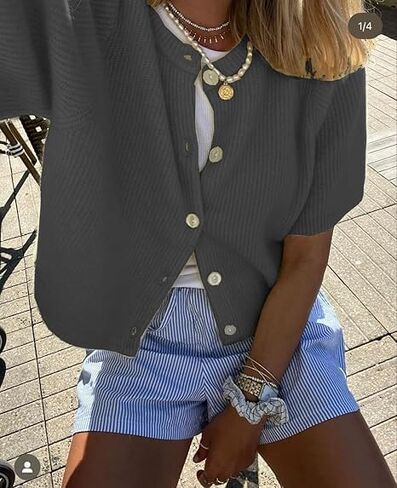 زر Ruewey Women's Button Down Cardigan Short Sleeve Crew Neck Sweater مريح يخرج من قمم متماسكة in Saudi Arabia