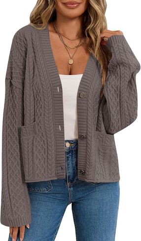 Women's Cable Knit Open Front Sweaters Long Sleeve Chunky Button Fall Cardigan Loose Short Outerwear Coats in Kuwait