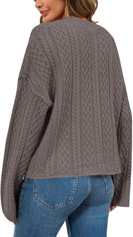 Women's Cable Knit Open Front Sweaters Long Sleeve Chunky Button Fall Cardigan Loose Short Outerwear Coats in Kuwait