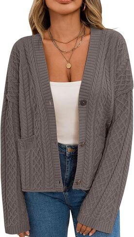 Women's Cable Knit Open Front Sweaters Long Sleeve Chunky Button Fall Cardigan Loose Short Outerwear Coats in Kuwait