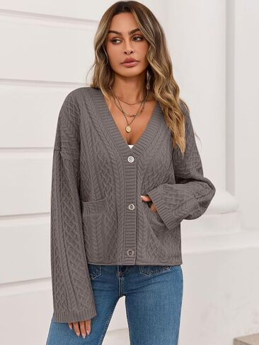 Women's Cable Knit Open Front Sweaters Long Sleeve Chunky Button Fall Cardigan Loose Short Outerwear Coats in Kuwait