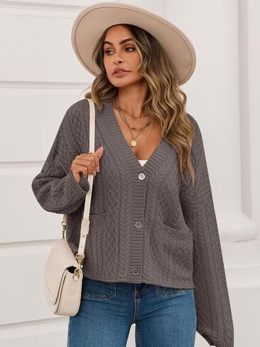 Women's Cable Knit Open Front Sweaters Long Sleeve Chunky Button Fall Cardigan Loose Short Outerwear Coats in Kuwait