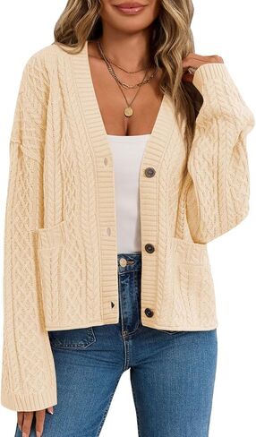 Women's Cable Knit Open Front Sweaters Long Sleeve Chunky Button Fall Cardigan Loose Short Outerwear Coats in Kuwait