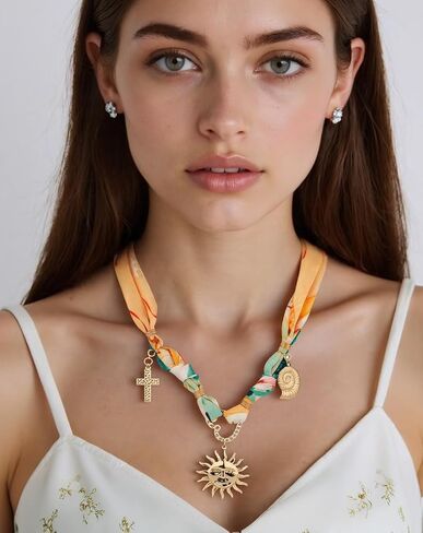 Bandana Charm Necklace for Women-Dainty Gold Carabiner Beach Charm Necklace Sun Conch Cross Pendant Scarf Necklaces,Fabric Statement Jewelry, Bandana Boho Chic Jewelry in Saudi Arabia