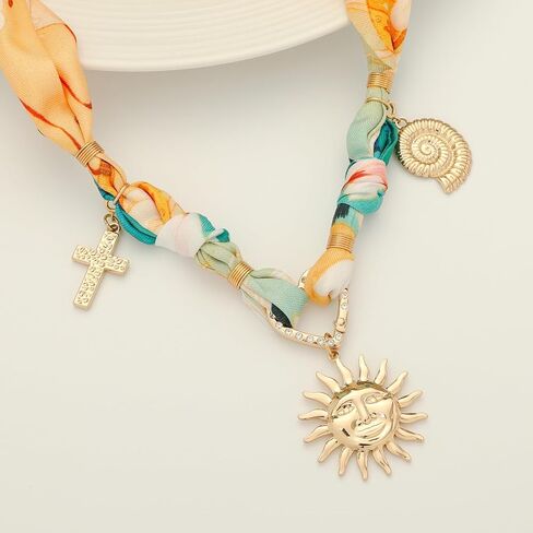 Bandana Charm Necklace for Women-Dainty Gold Carabiner Beach Charm Necklace Sun Conch Cross Pendant Scarf Necklaces,Fabric Statement Jewelry, Bandana Boho Chic Jewelry in Saudi Arabia