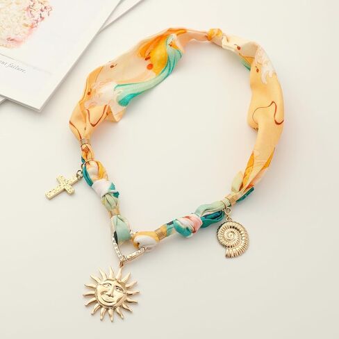 Bandana Charm Necklace for Women-Dainty Gold Carabiner Beach Charm Necklace Sun Conch Cross Pendant Scarf Necklaces,Fabric Statement Jewelry, Bandana Boho Chic Jewelry in Saudi Arabia