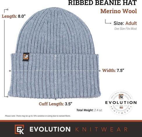 Evolution Knitwear Wool Rib Knit Beanie Hat for Men or Women - Super Soft Merino Wool - Made in The USA in Kuwait