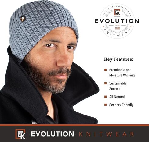 Evolution Knitwear Wool Rib Knit Beanie Hat for Men or Women - Super Soft Merino Wool - Made in The USA in Kuwait